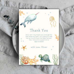 Neutrale minima onder het Zee Whale Baby shower Bedankkaart