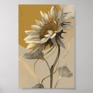 Neutrale Minimalistische Lijnkunst Zonnebloem Poster