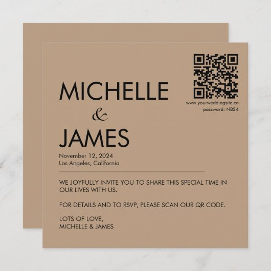 Neutrale minimalistische QR-code bruiloft uitnodig (Voorkant / Achterkant)