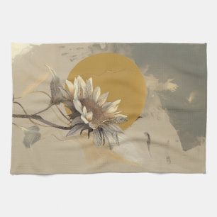 Neutrale Minimalistische Zonnebloem Omlijning Theedoek