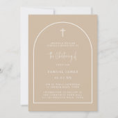 Neutrale Modern Arch Script Minimalist Christening Kaart (Voorkant)
