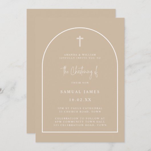 Neutrale Modern Arch Script Minimalist Christening Kaart (Voorkant / Achterkant)
