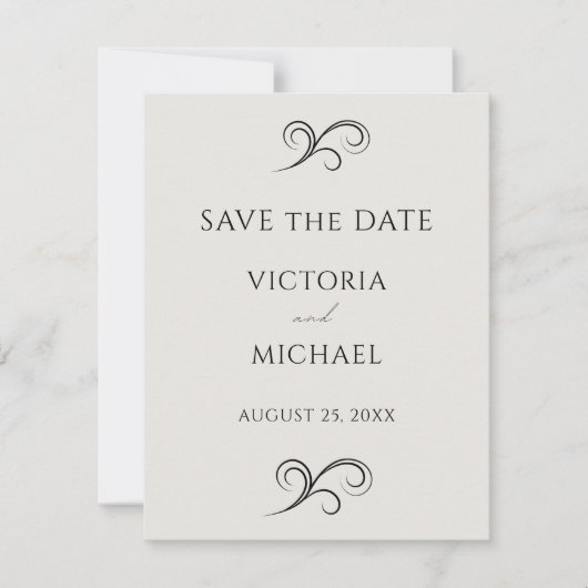 Neutrale moderne scrolls minimalistische bruiloft save the date (Voorkant)