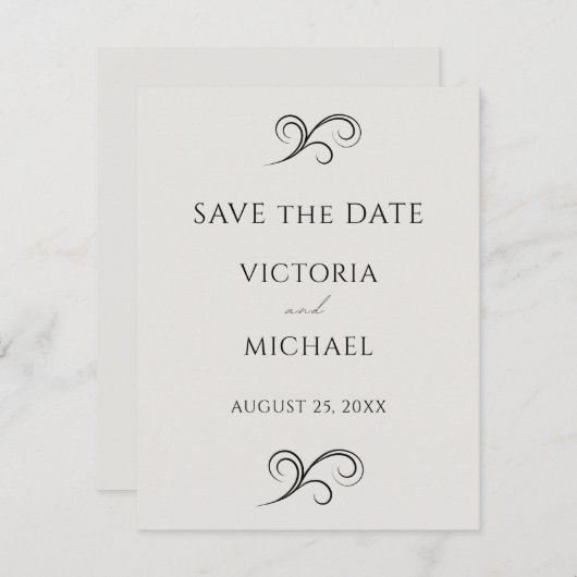 Neutrale moderne scrolls minimalistische bruiloft save the date (Voorkant / Achterkant)