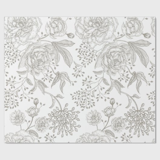 Neutrale monochrome grijze  bloemen  cadeaupapier (Vlak)