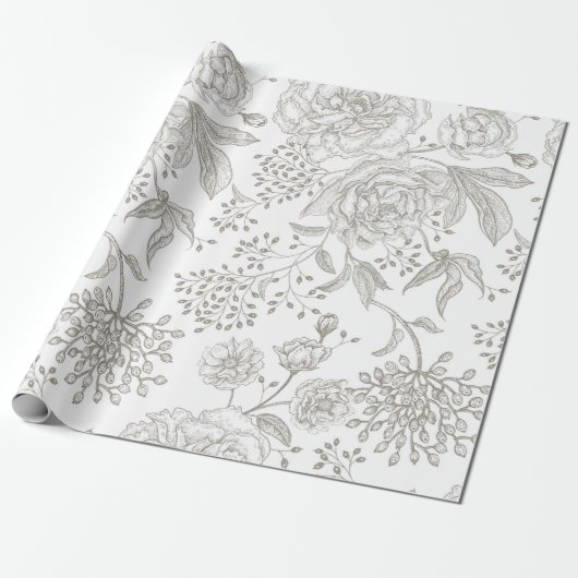 Neutrale monochrome grijze bloemen cadeaupapier (Uitgerold)