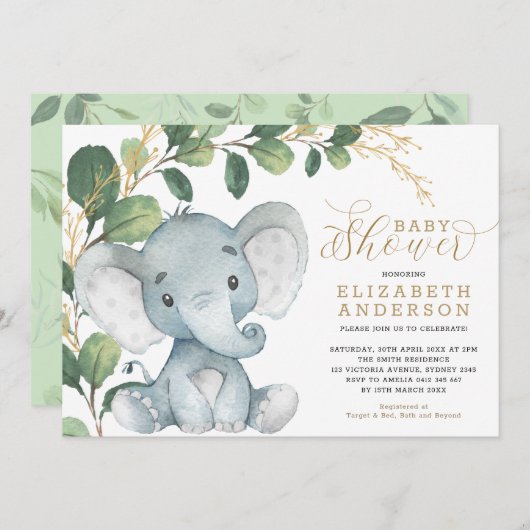 Neutrale olifant Soft Greenery Gold Baby shower Kaart (Voorkant / Achterkant)