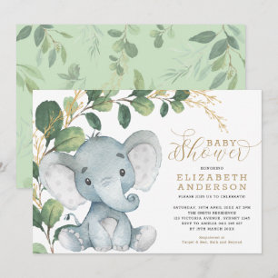Neutrale olifant Soft Greenery Gold Baby shower Kaart