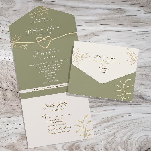 Neutrale Olive Green Wedding All-in-One Uitnodigin All In One Uitnodiging
