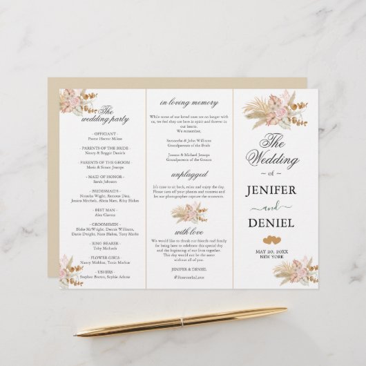 Neutrale Palm en Pampas bloem decor bruiloft (Voorkant / Achterkant in situ)