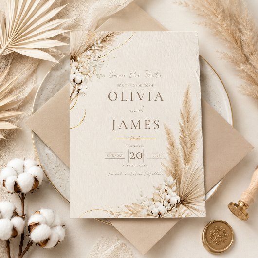 Neutrale Pampas Elegantie Boho Bewaar de Datum Kaa Kaart