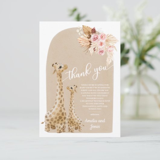 Neutrale Pampas Grass Giraffe Baby shower Bedankkaart (Staand voorkant)