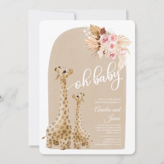 Neutrale Pampas Grass Giraffe Baby shower Invitati Kaart (Voorkant)