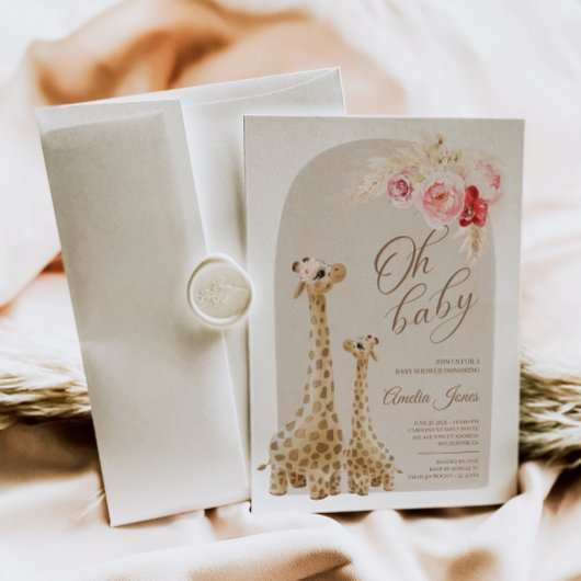 Neutrale Pampas Grass Giraffe Baby shower Invitati Kaart