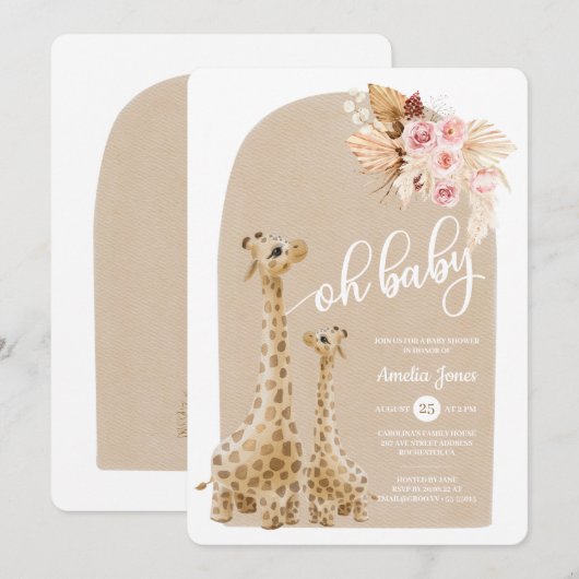 Neutrale Pampas Grass Giraffe Baby shower Invitati Kaart (Voorkant / Achterkant)