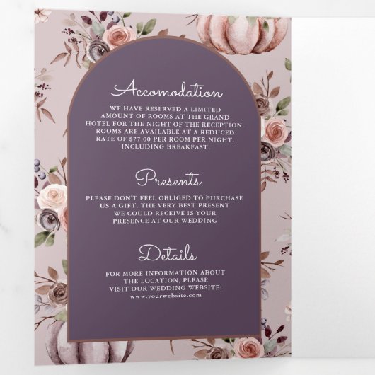 Neutrale Pompoen Bloemen QR Code Bleke Paarse Brui Drieluik Uitnodiging (Binnenzijde eerst)