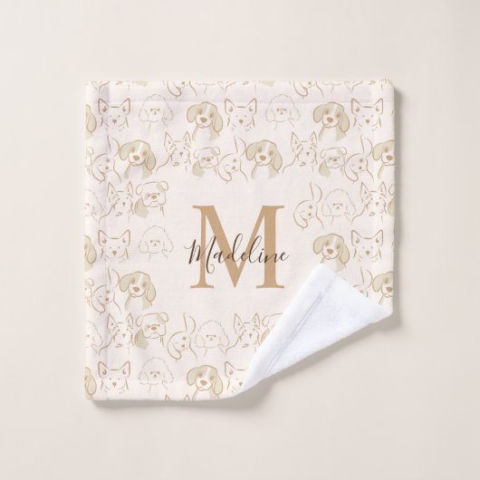 Neutrale Pop Dog Patroon Elegant Monogram Bad Handdoek (Wasdoekje)