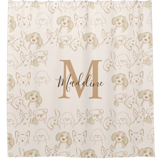 Neutrale Pop Dog Patroon Elegant Monogram Douchegordijn (Voorkant)