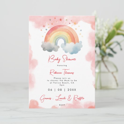 Neutrale regenboog sinaasappel baby shower uitnodi kaart (Staand voorkant)