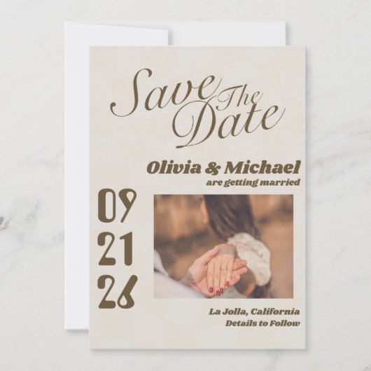 Neutrale Retro Funky Disco Bruiloft Modern Fun Save The Date (Voorkant)
