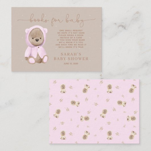 Neutrale roze Teddy Bear Baby shower Book Request Informatiekaartje (Voorkant / Achterkant)