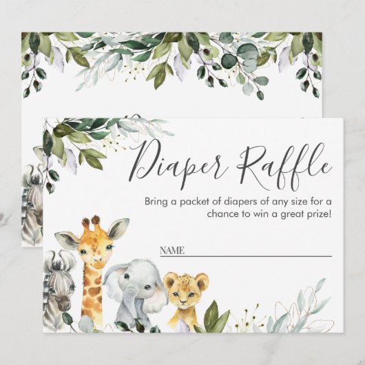Neutrale Safari Dieren Diaper Raffle Kaart invoege (Voorkant / Achterkant)