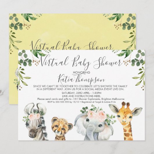 Neutrale Safari-dieren Virtueel Baby shower Kaart (Voorkant / Achterkant)