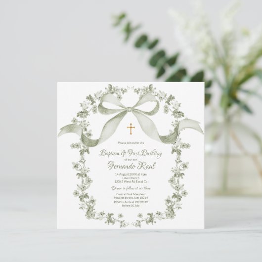 Neutrale Sage Groene Doop Elegant Frans Toile Kaart (Staand voorkant)