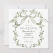 Neutrale Sage Groene Doop Elegant Frans Toile Kaart (Voorkant)