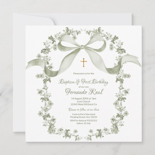 Neutrale Sage Groene Doop Elegant Frans Toile Kaart (Voorkant)