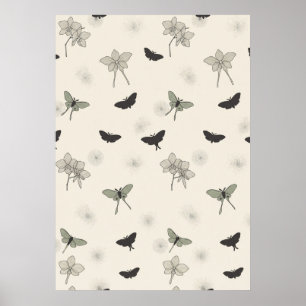 Neutrale Sage Moth Vlinder Botanische Patroon Kuns Poster