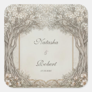 Neutrale Sepia Gegraveerde Bosboom Boog Bruiloft Vierkante Sticker