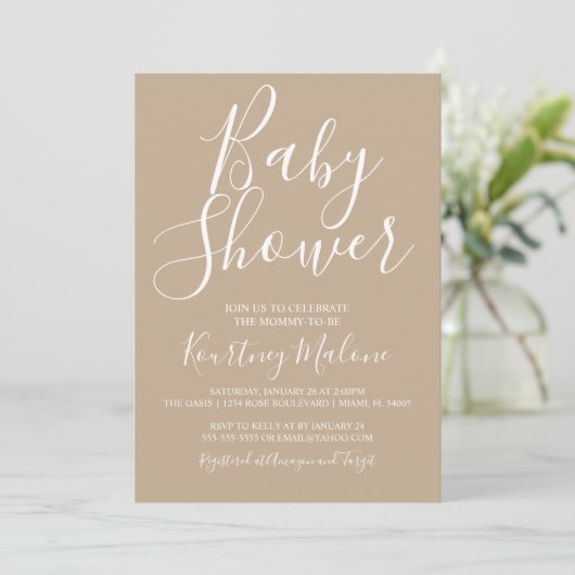 Neutrale Tan Baby shower Fotouitnodiging Kaart (Staand voorkant)