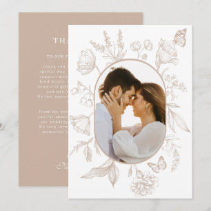 Neutrale Tan Bloemenlijn Kunst Bloemenvlinder Foto Bedankkaart