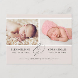 Neutrale Tan Modern Twins Birth Aankondiging Briefkaart