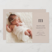 Neutrale Tan Monogram Nieuwe baby Foto geboortedat Aankondiging (Voorkant / Achterkant)