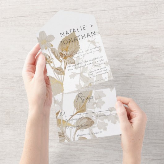 Neutrale Tan Wildbloemen Modern No Dinner All In One Uitnodiging (Afscheurbaar)