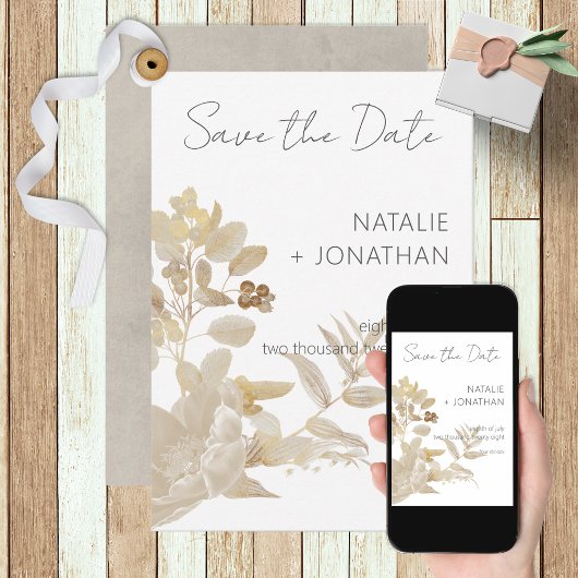 Neutrale Tan Wildbloemen Moderne bruiloft Save The Date