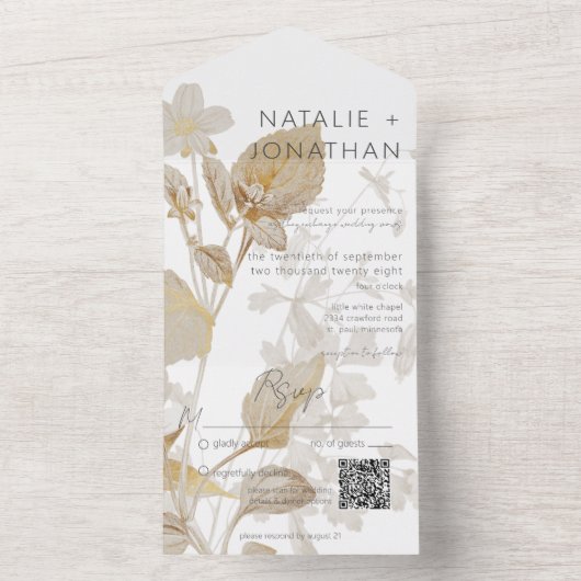 Neutrale Tan Wildbloemen Moderne QR-code All In One Uitnodiging (Binnen)