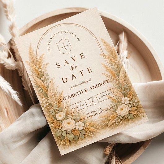 Neutrale Tarwe Boog Bloem Bruiloft Save The Date