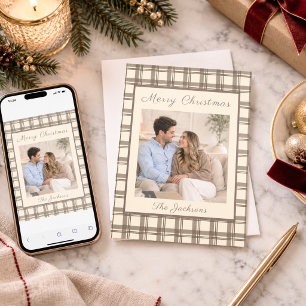 Neutrale Taupe Crème Geruite Tartan Foto Kerstmis Feestdagenkaart