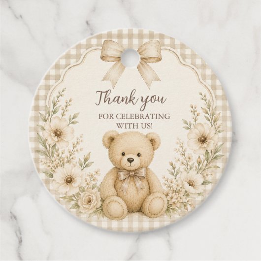 Neutrale teddybeer babyshower bedankkaart bedankjes labels (Voorkant)