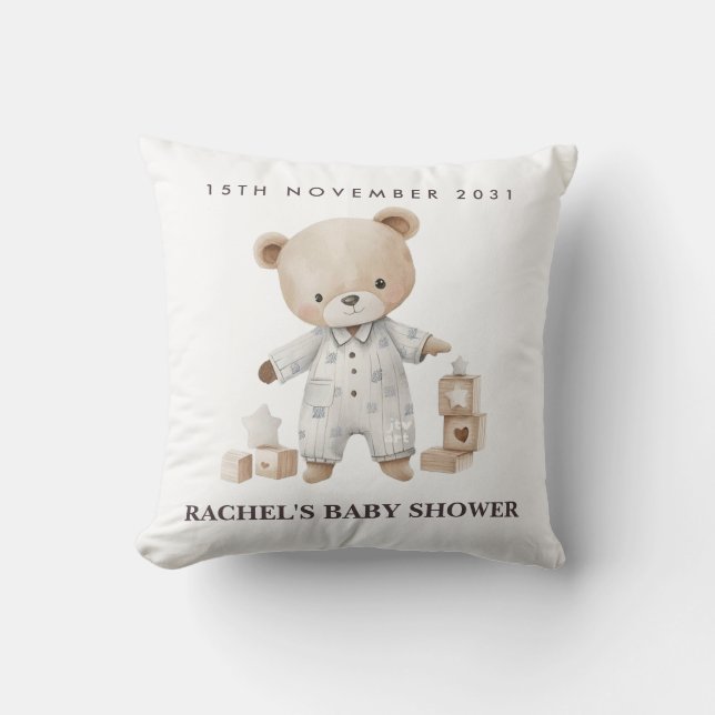 Neutrale teddybeer babyshower kussen  (Voorkant)