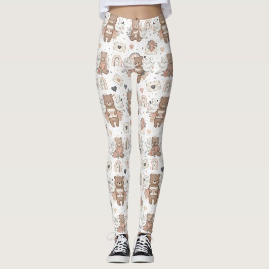 Neutrale teddybeer babyshower patroon leggings (Voorkant)
