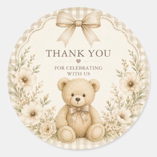 Neutrale teddybeer babyshower ronde sticker (Voorkant)