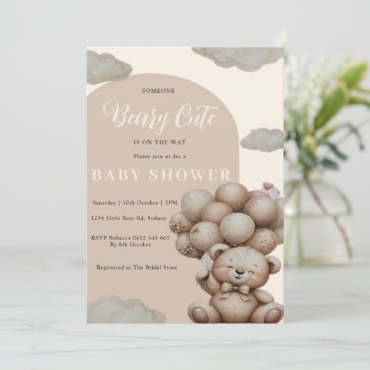 Neutrale Teddybeer Babyshower Uitnodiging (Staand voorkant)