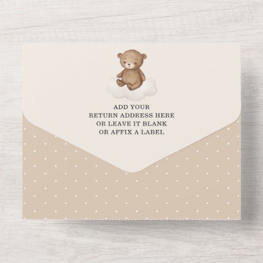 Neutrale Teddybeer Hete Luchtballon 1e Verjaardag All In One Uitnodiging (Achterkant)