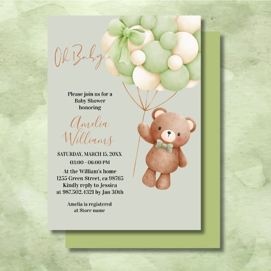 Neutrale teddybeer Oh Baby Groene Ballon Baby Kaart