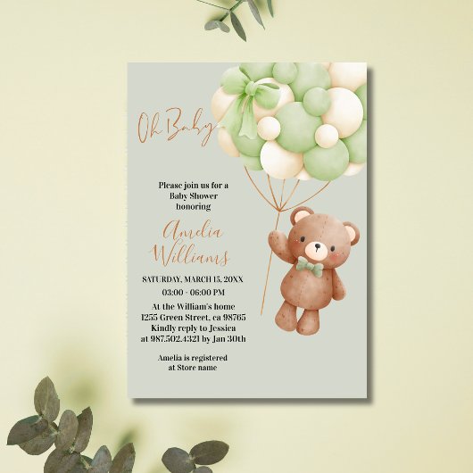 Neutrale teddybeer Oh Baby Groene Ballon Baby Kaart