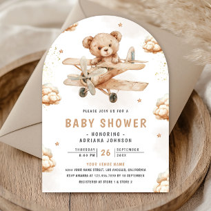 Neutrale Teddybeer Vliegtuig Boog Baby Shower Kaart